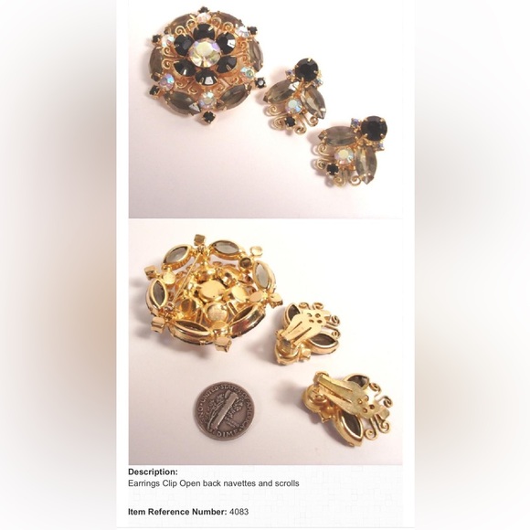 Verified JULIANA D&E Vintage Grey Black AB Gold Scrolls Tiered Brooch Earrings - Picture 9 of 9